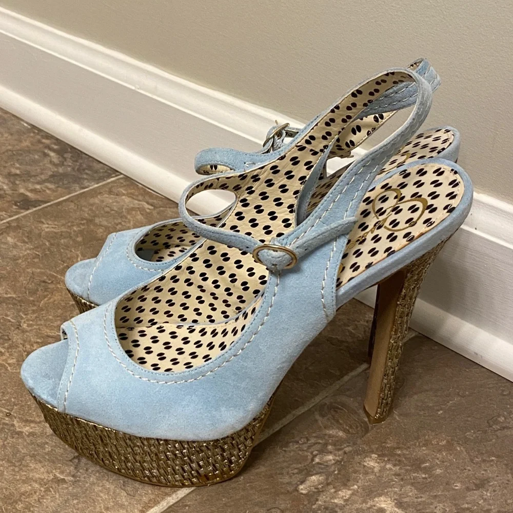Jessica Simpson Eddy blue suede peep toe heels. - Picture 7 of 15
